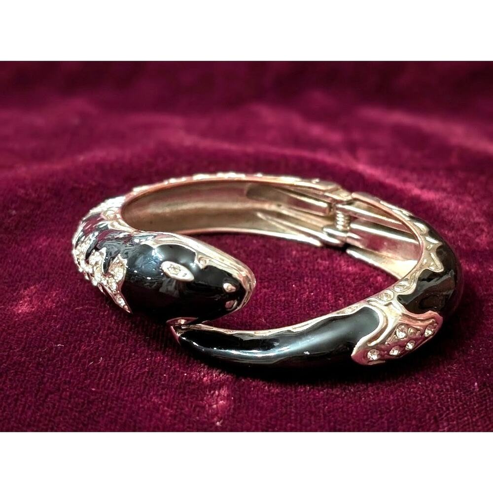 Snake Enamel Gold Tone Rhinestone Hinged Bangle Bracelet